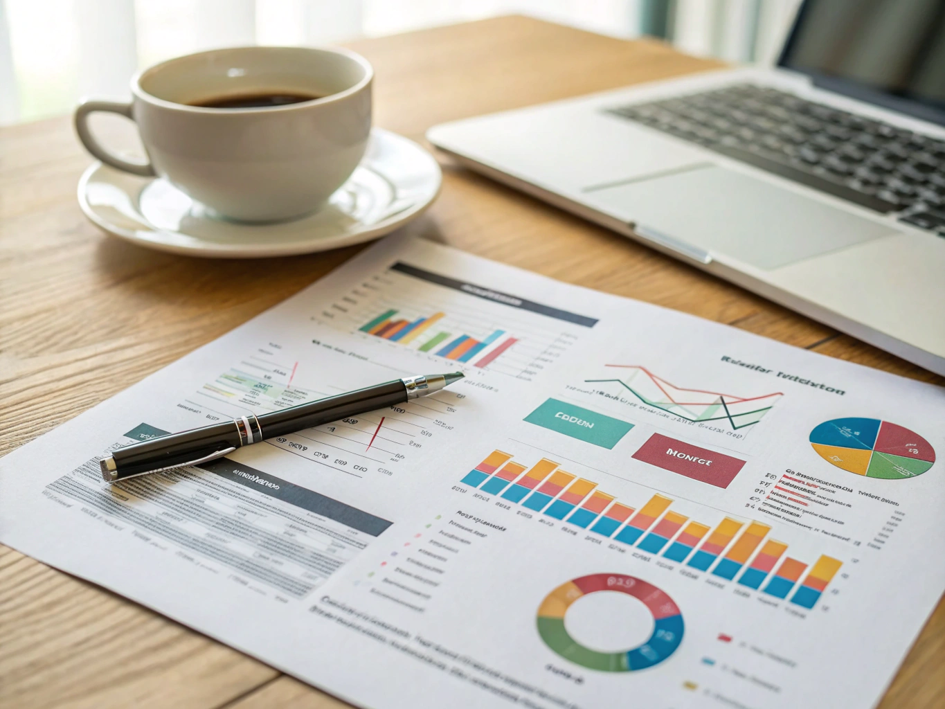 Real estate market analysis documents spread out on a wooden table